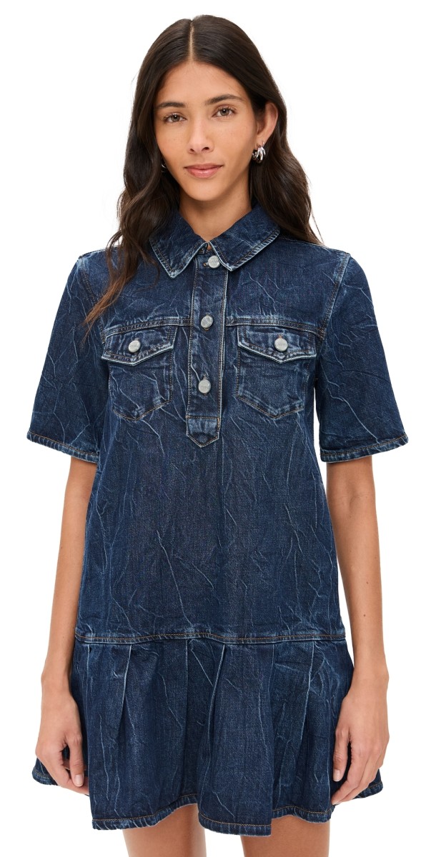 GANNI Crinkled Future Denim Mini Dress Mid Blue Stone
