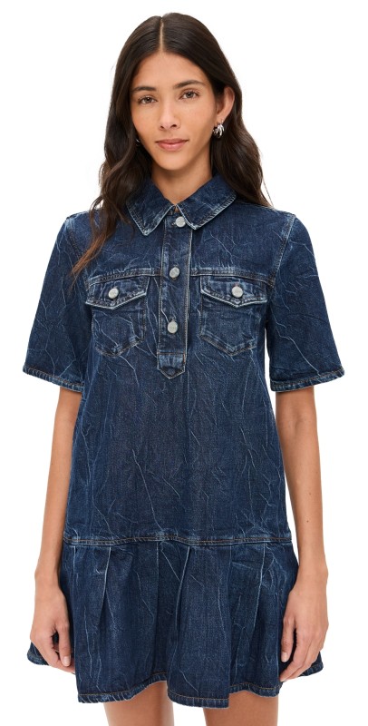 GANNI Crinkled Future Denim Mini Dress Mid Blue Stone
