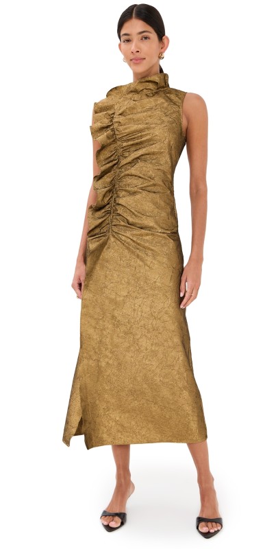 Ulla Johnson Demetria Sleeveless Ruched Front Midi Dress Gold Leaf