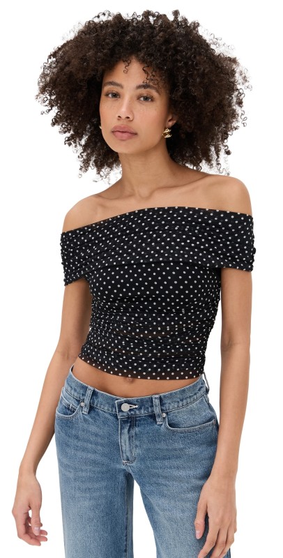 alice + olivia Isadola Off The Shoulder Top Black/Off White Polka Dot