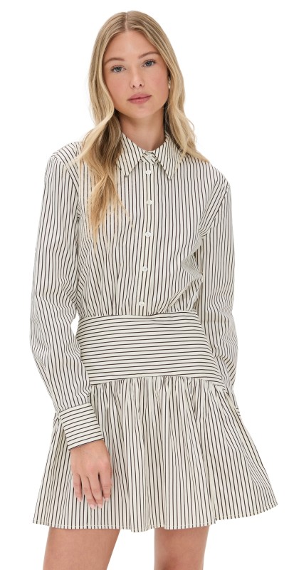 STAUD Rocco Mini Dress Ivory/Dark Oak Micro Stripe