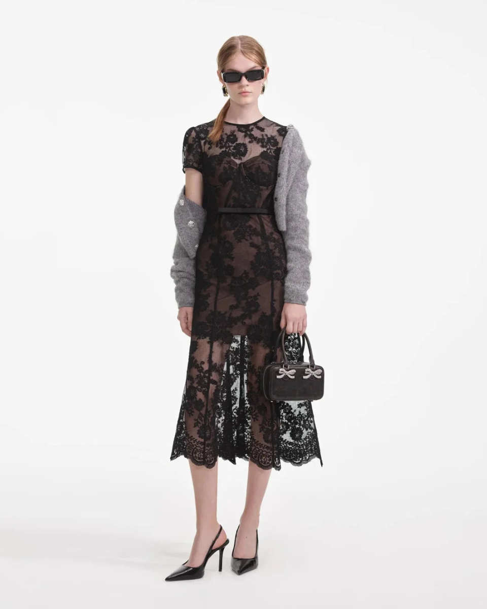 Black Lace Bustier Midi Dress
