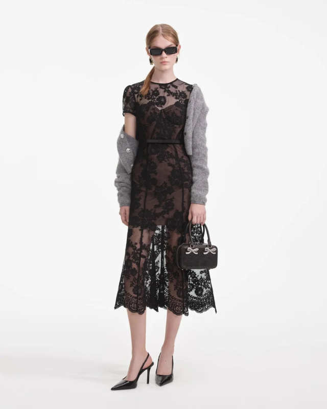 Black Lace Bustier Midi Dress