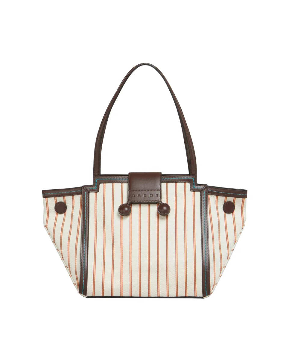 Brown Leather and Striped Canvas Mini Riviera Bag