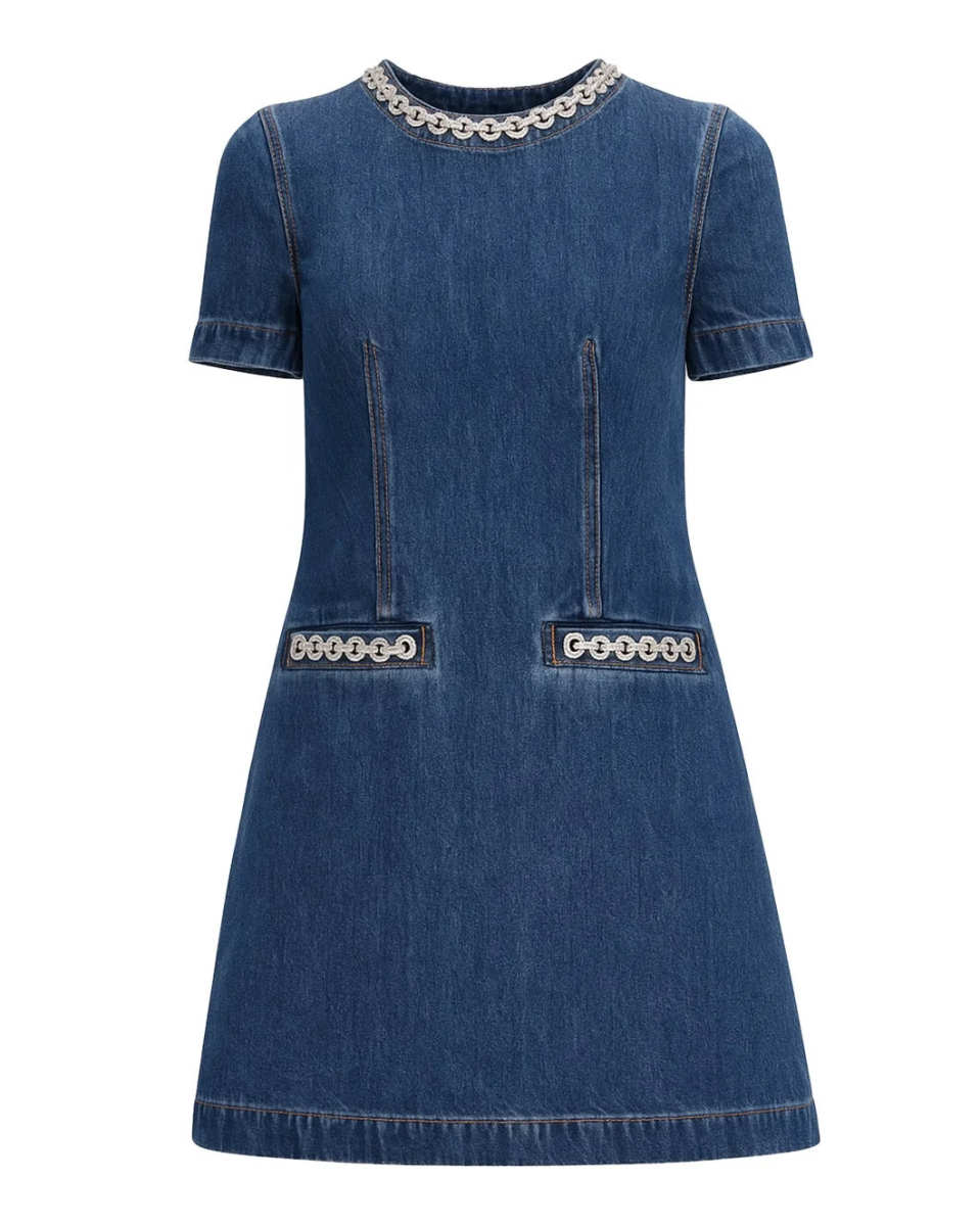 Denim Crystal Trim Mini Dress