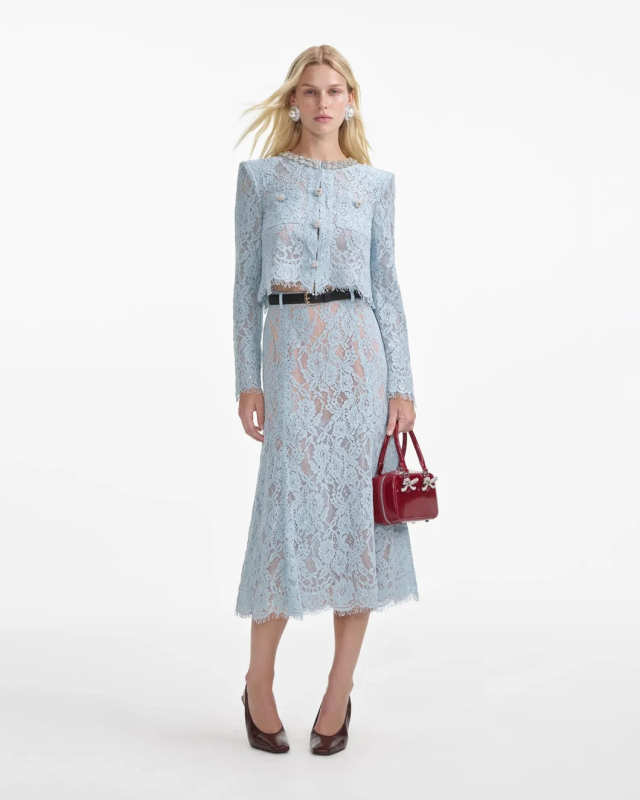 Blue Lace Flared Midi Skirt