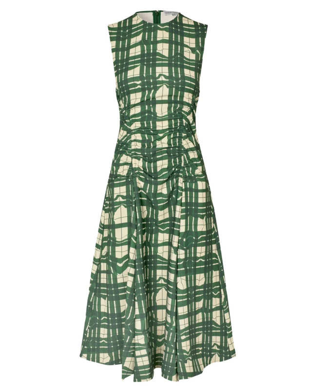 Sleeveless Gathered Midi Dress - Checkered Wave