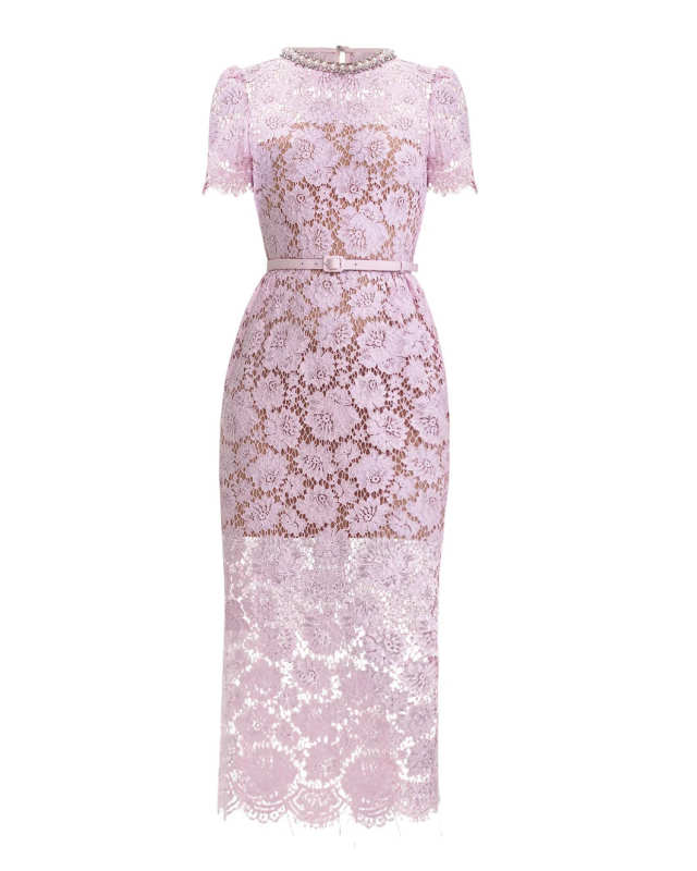 Pink Fine Lace Pearl Midi Dress
