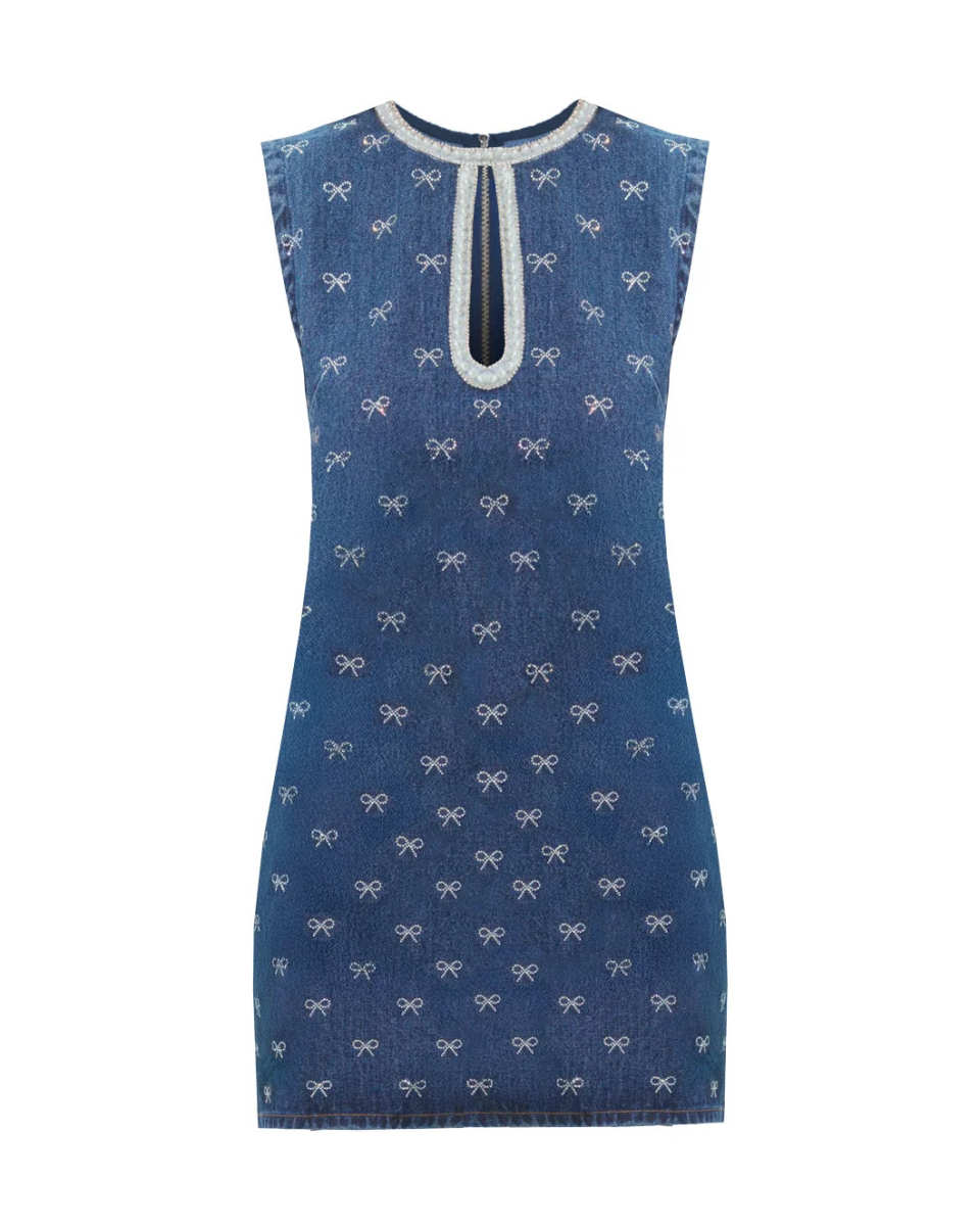 Denim Diamante Bow Mini Dress