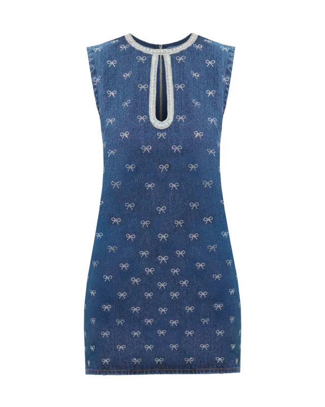 Denim Diamante Bow Mini Dress