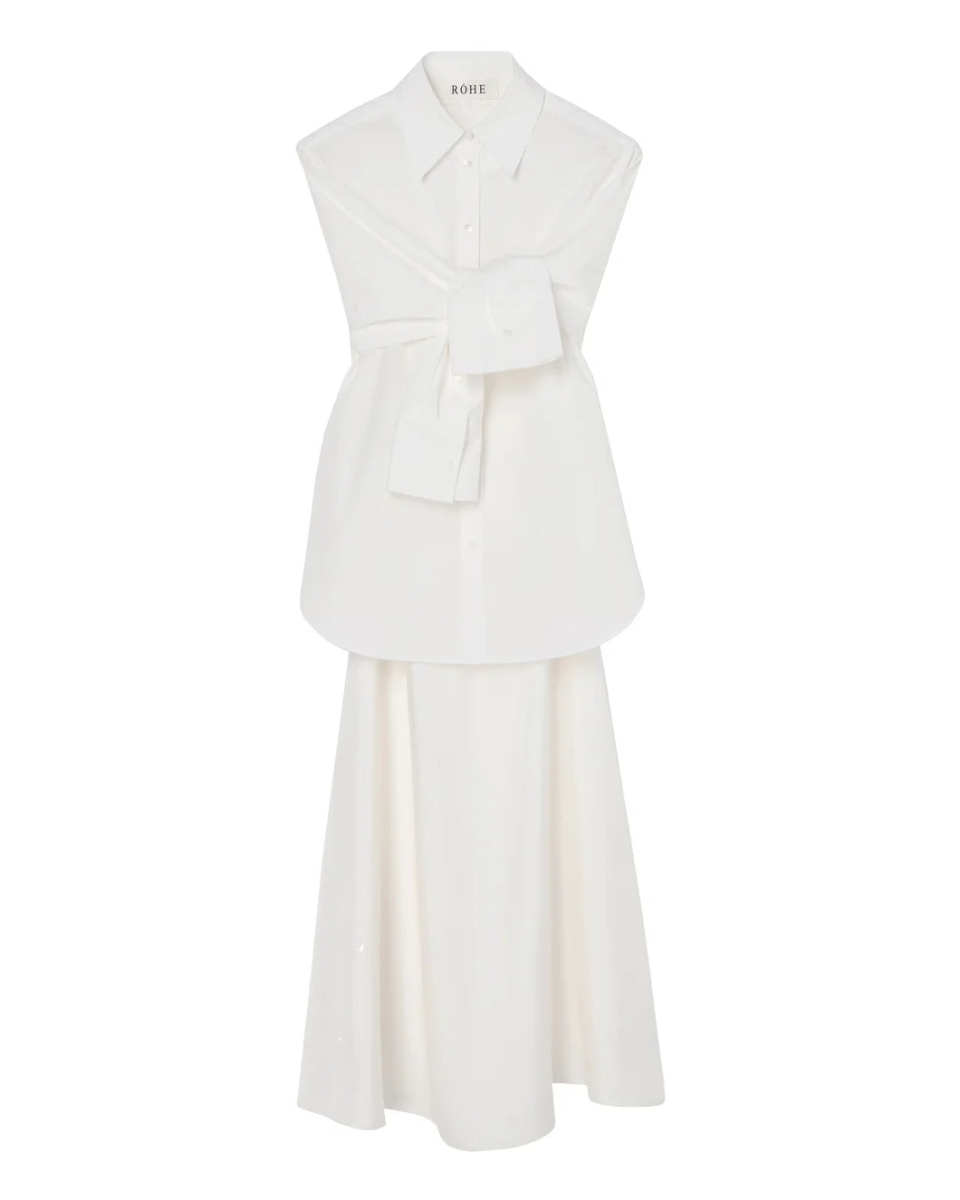 Poplin Silk Combined Gilet-Dress Optic White