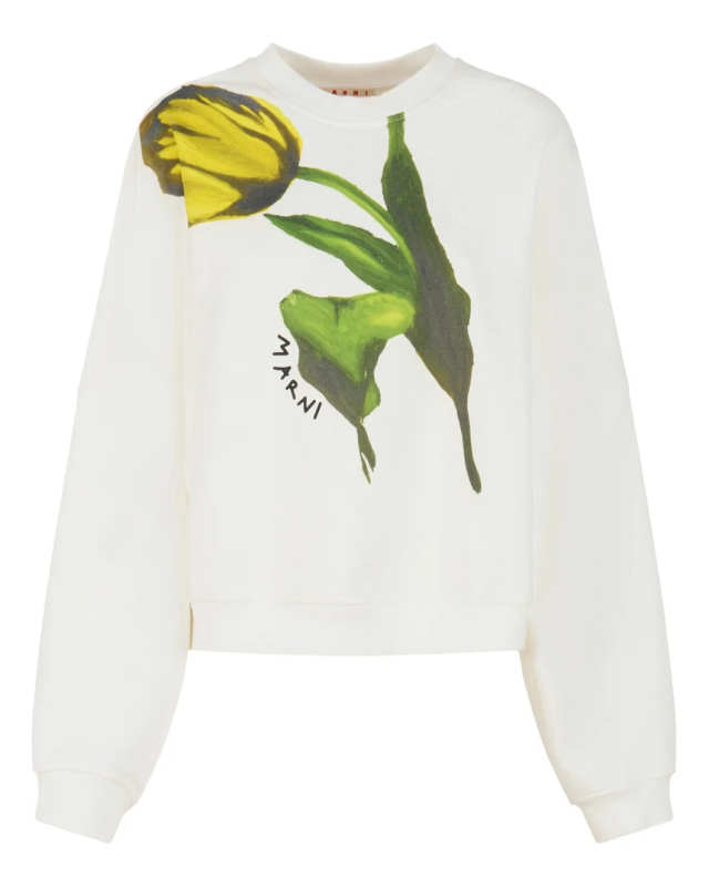 White Cotton Sweatshirt with Tulip Print