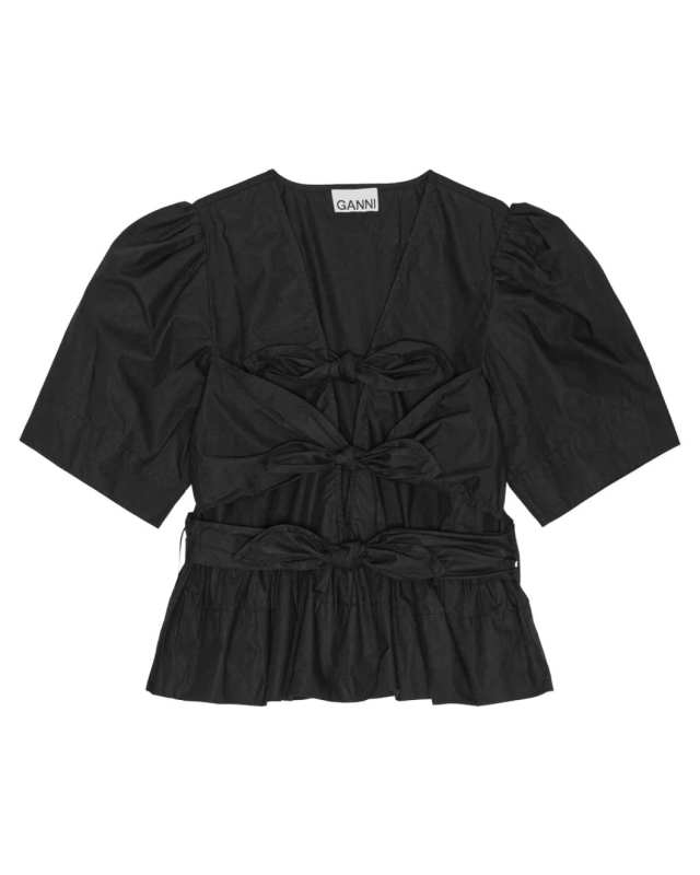 Black Stretch Cotton Tie Strap Blouse