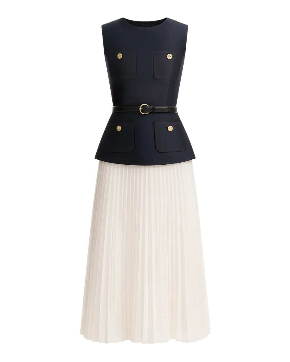 Navy Taffeta Midi Dress