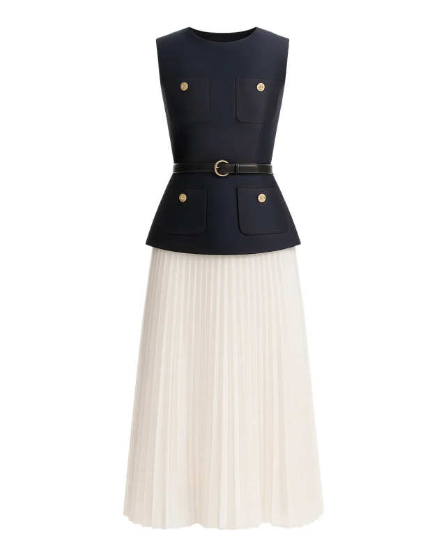 Navy Taffeta Midi Dress
