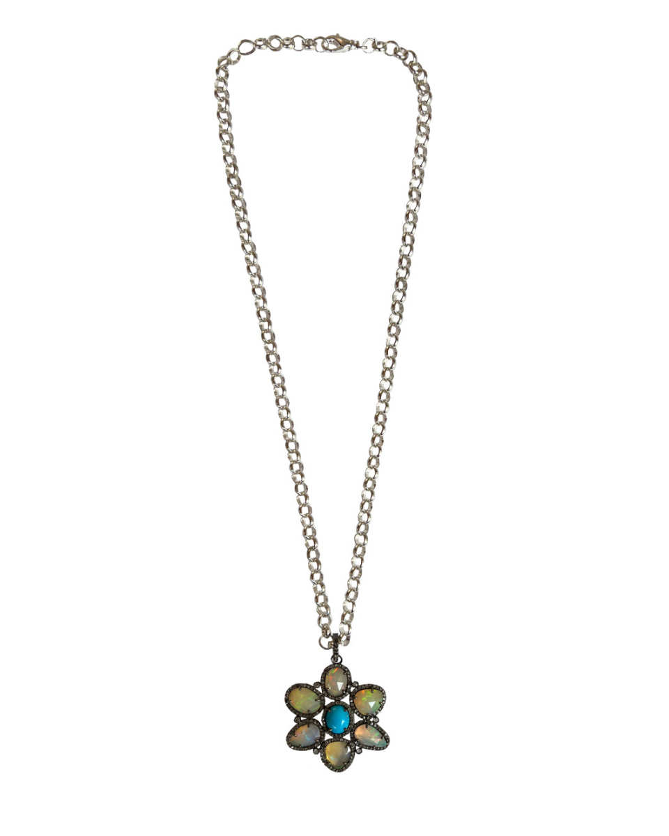 Opal and Diamond Turquoise Flower Necklace