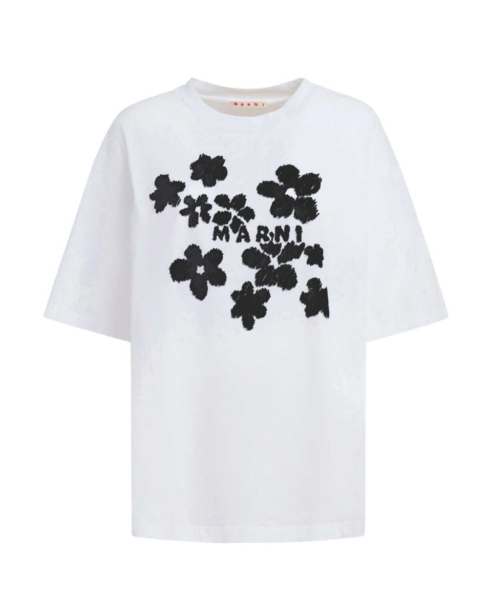 White Cotton T-Shirt with Daisy Garden Print