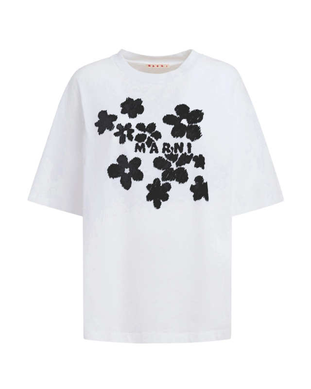 White Cotton T-Shirt with Daisy Garden Print