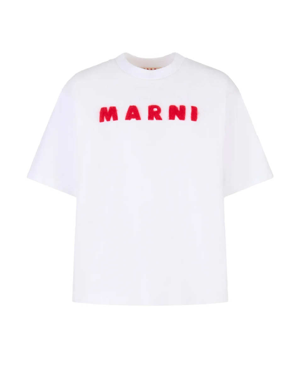 White Cotton T-Shirt with Mohair Patches