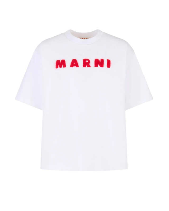 White Cotton T-Shirt with Mohair Patches