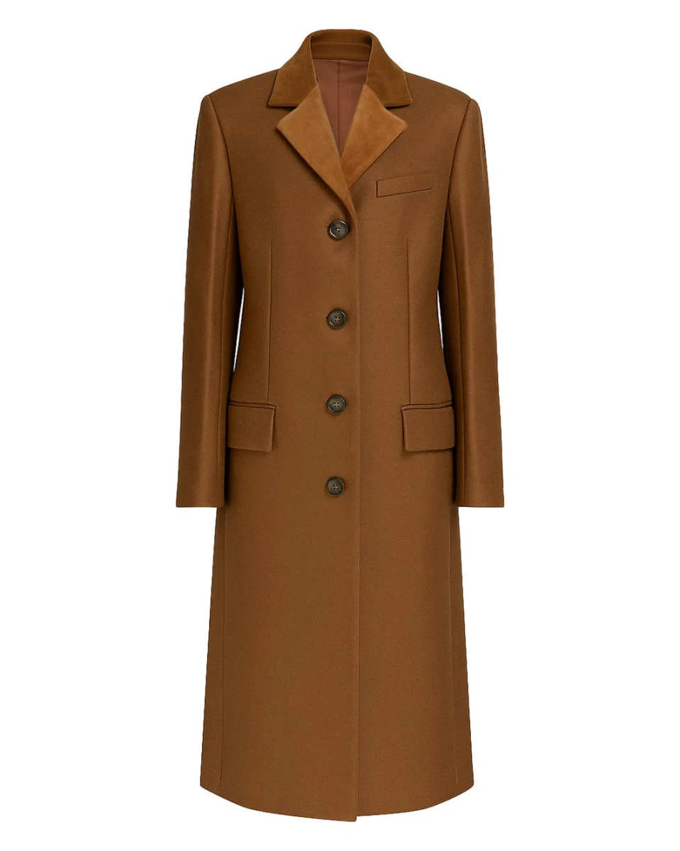 Brown Wool Felt Coat with Velvet Details