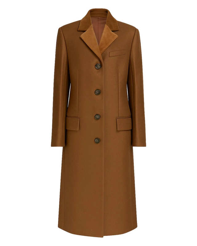 Brown Wool Felt Coat with Velvet Details