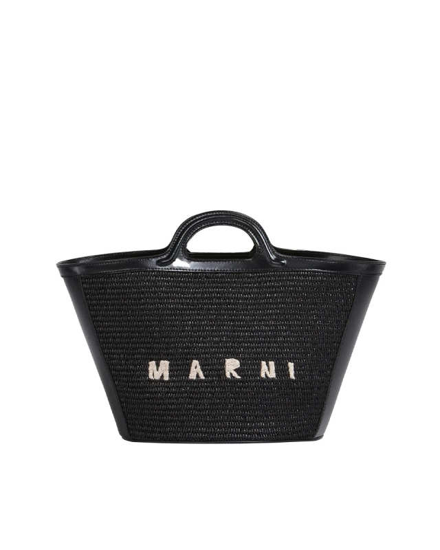 Tropicalia Small Bag in Black Leather and Raffia-Effect Fabric