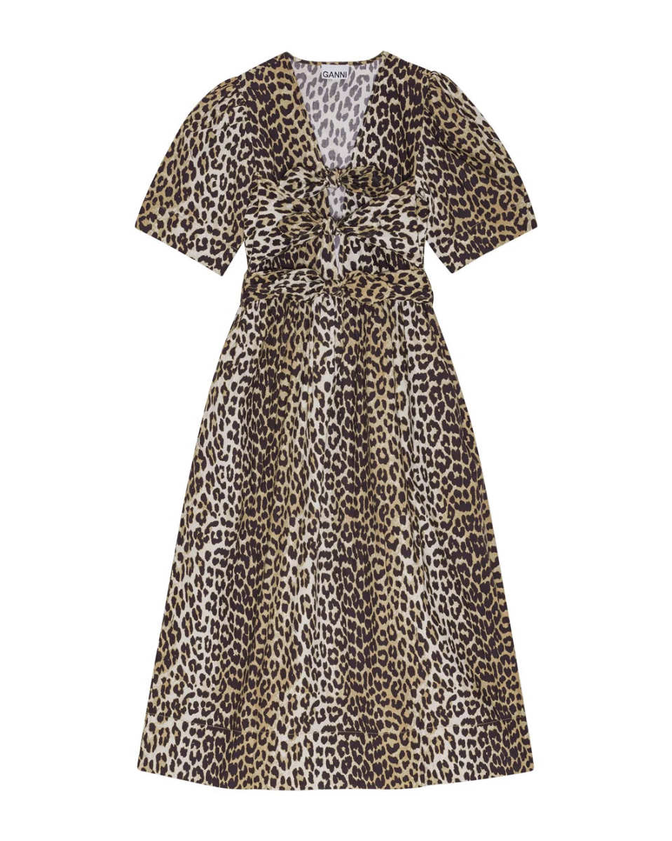 Leopard Printed Cotton Tie Strap Midi Dress