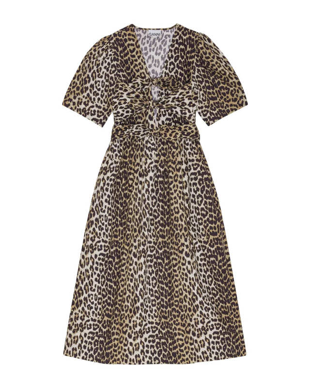 Leopard Printed Cotton Tie Strap Midi Dress