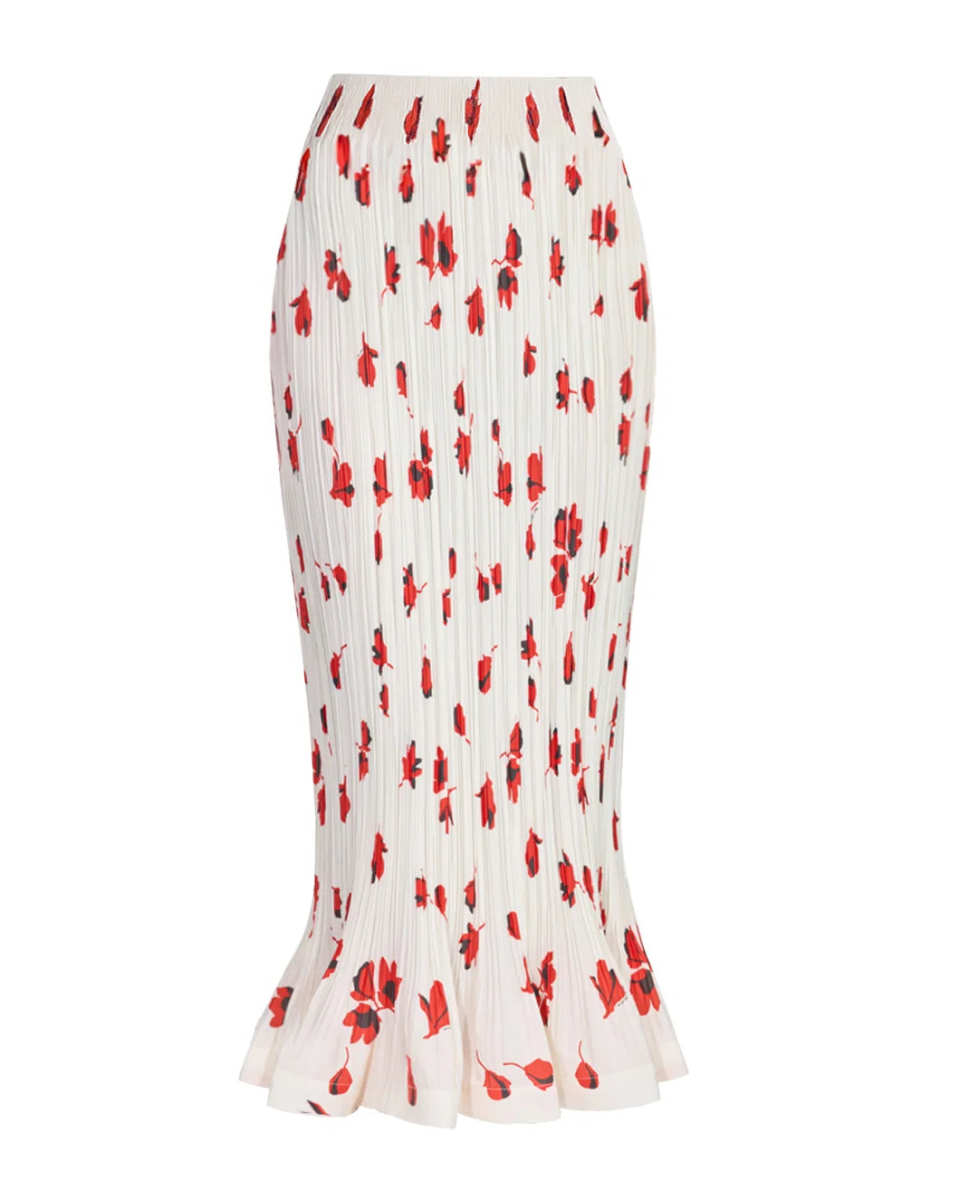 White Floral Plisse Midi Skirt