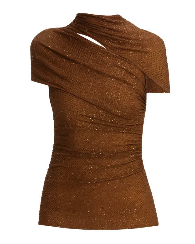 Brown Rhinestone Mesh Cut Out Top