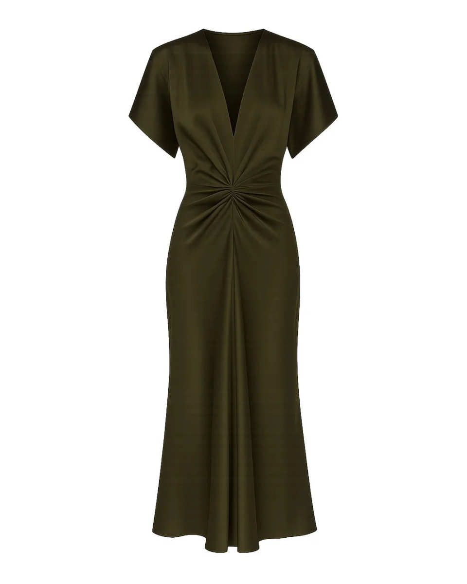 Bela V-Neck Midi Dress In Olive Green