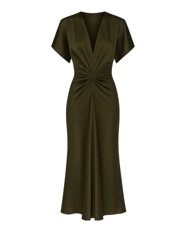 Bela V-Neck Midi Dress In Olive Green