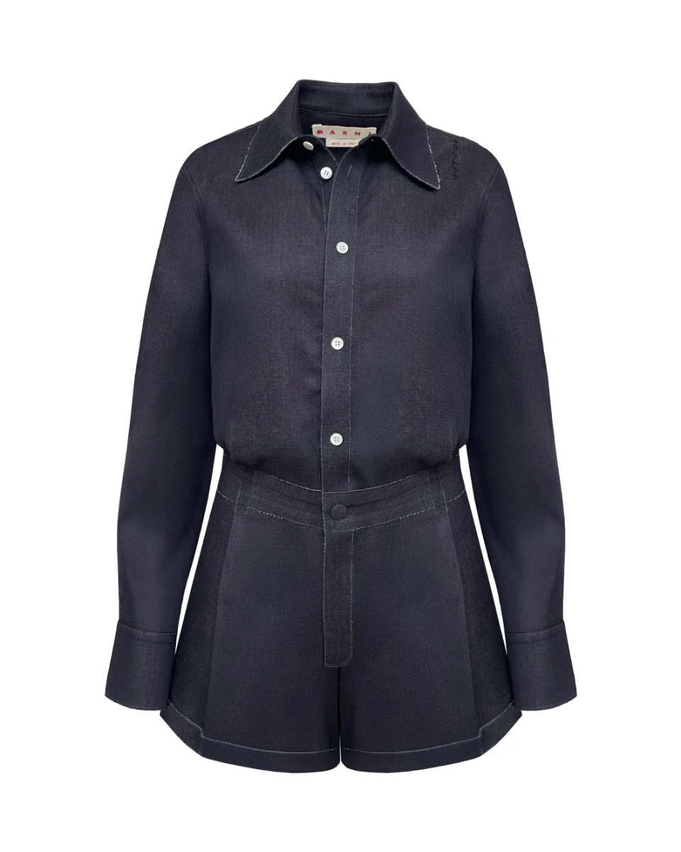 Deep Blue Stretch Denim Trompe L'oeil Jumpsuit