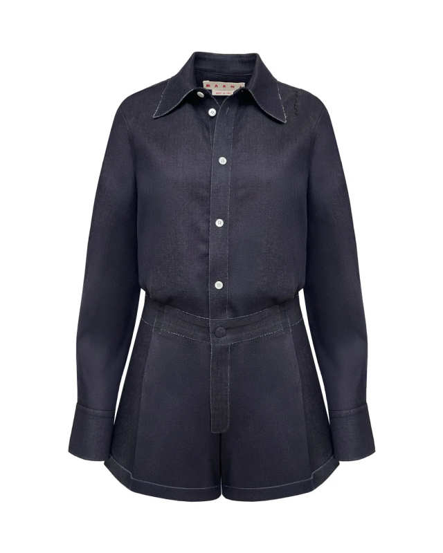 Deep Blue Stretch Denim Trompe L'oeil Jumpsuit