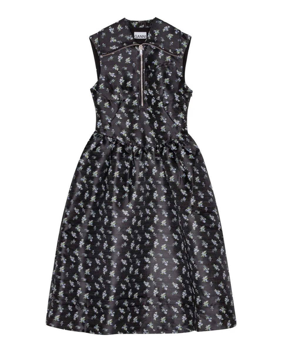 Black Floral Jacquard Midi Dress