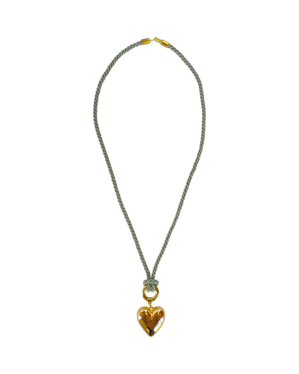 Green Rope Necklace with Gold Heart