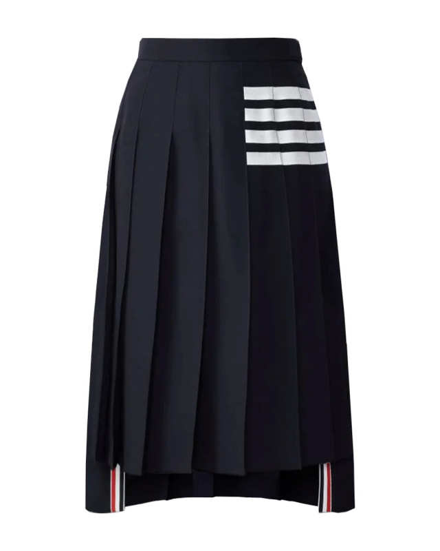 Navy Wool Plain Weave Pleated 4-Bar Skirt