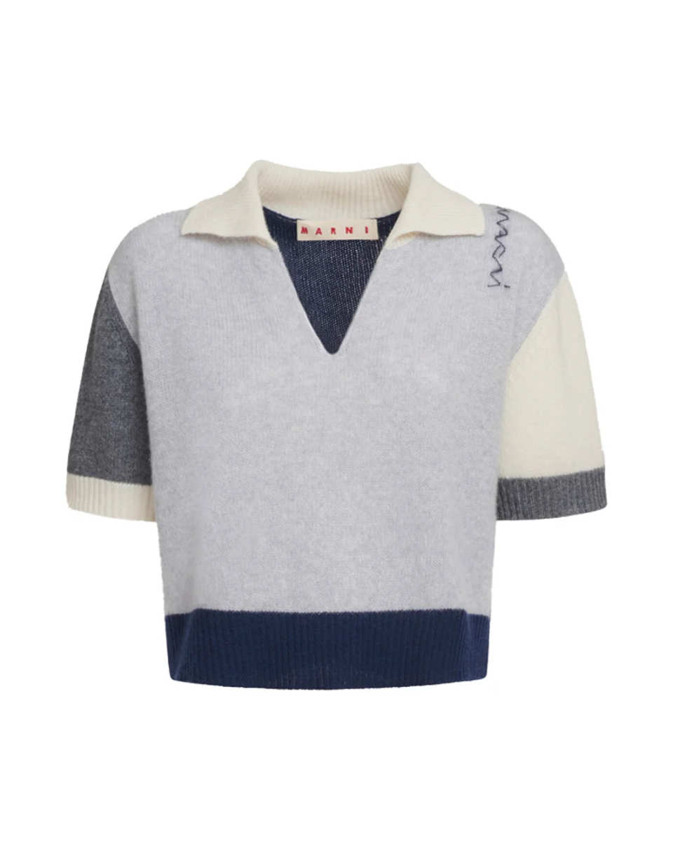 Grey Cashmere Color Block Polo Shirt with Marni Symbol