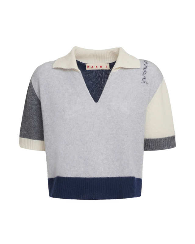 Grey Cashmere Color Block Polo Shirt with Marni Symbol
