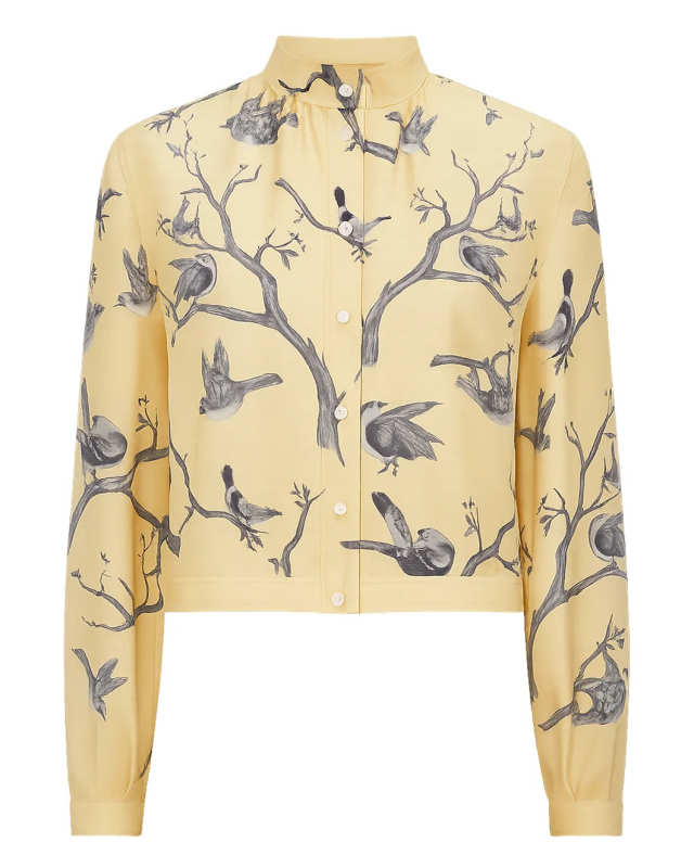 Gathered Blouse With Button Placket In Engineered Bird Toile Printed Silk Twill