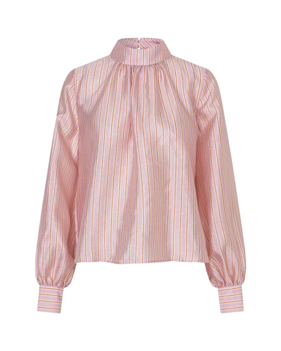 Gathered Long Sleeve Top Rose Pinstripe