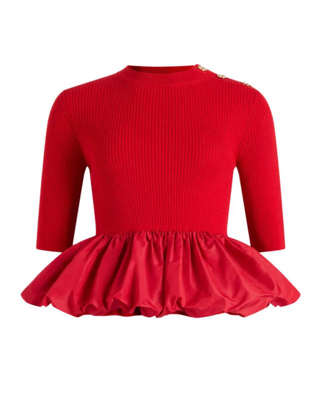 Ruffle Hem Ribbed Jumper in Wool and Faille