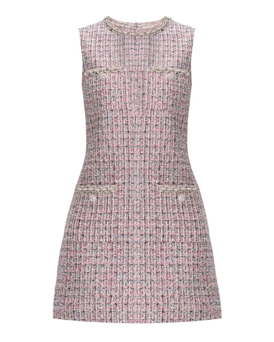 Pink Boucle Sleeveless Mini Dress