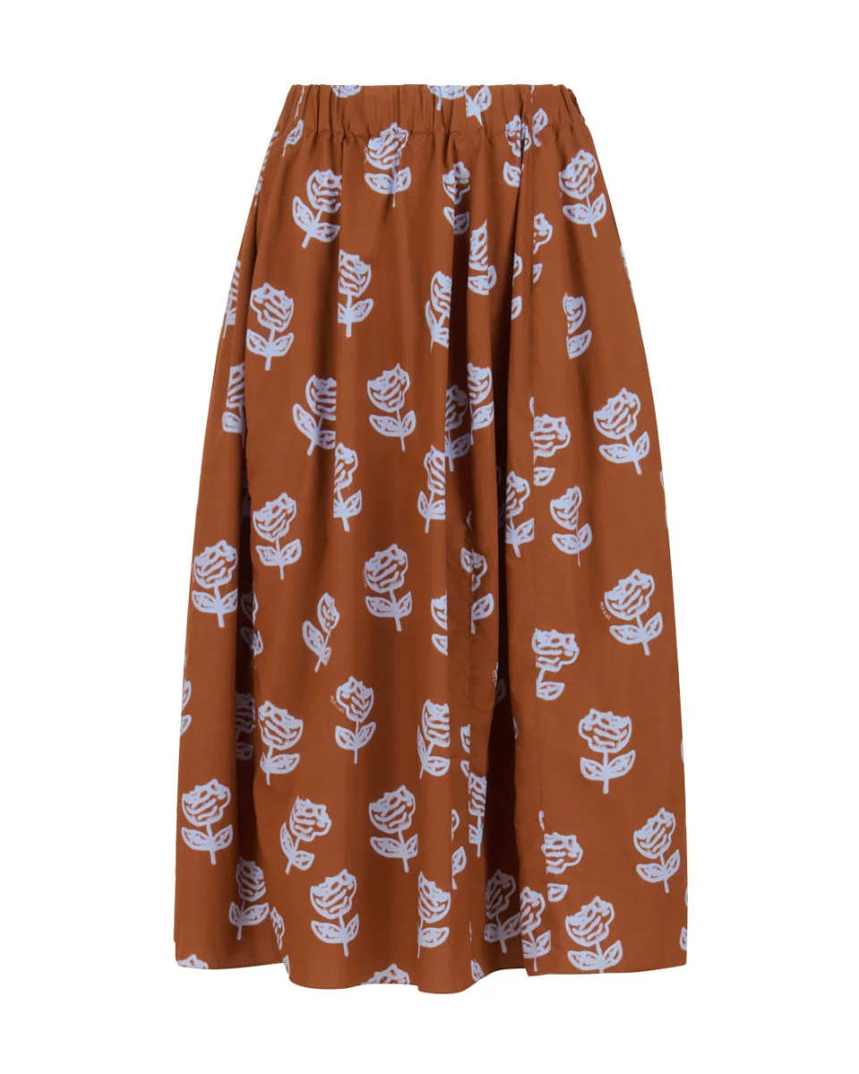 Brown Poplin Egg Skirt with Sprayed Roses Print