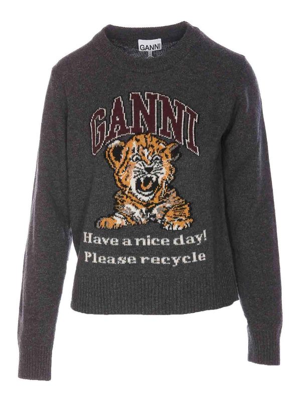 Ganni Pull Col Rond - Gris