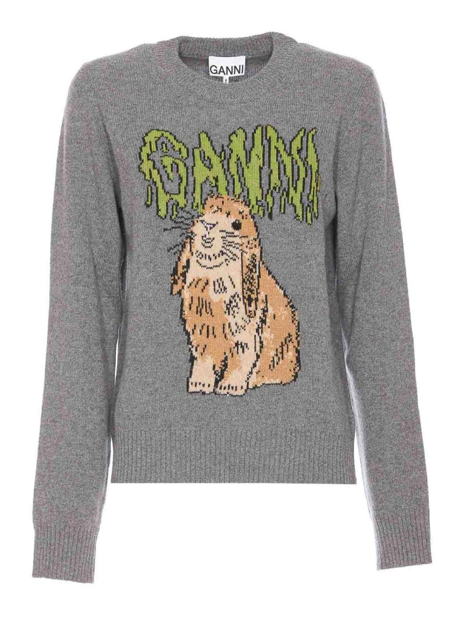 Ganni Pull Col Rond - Gris