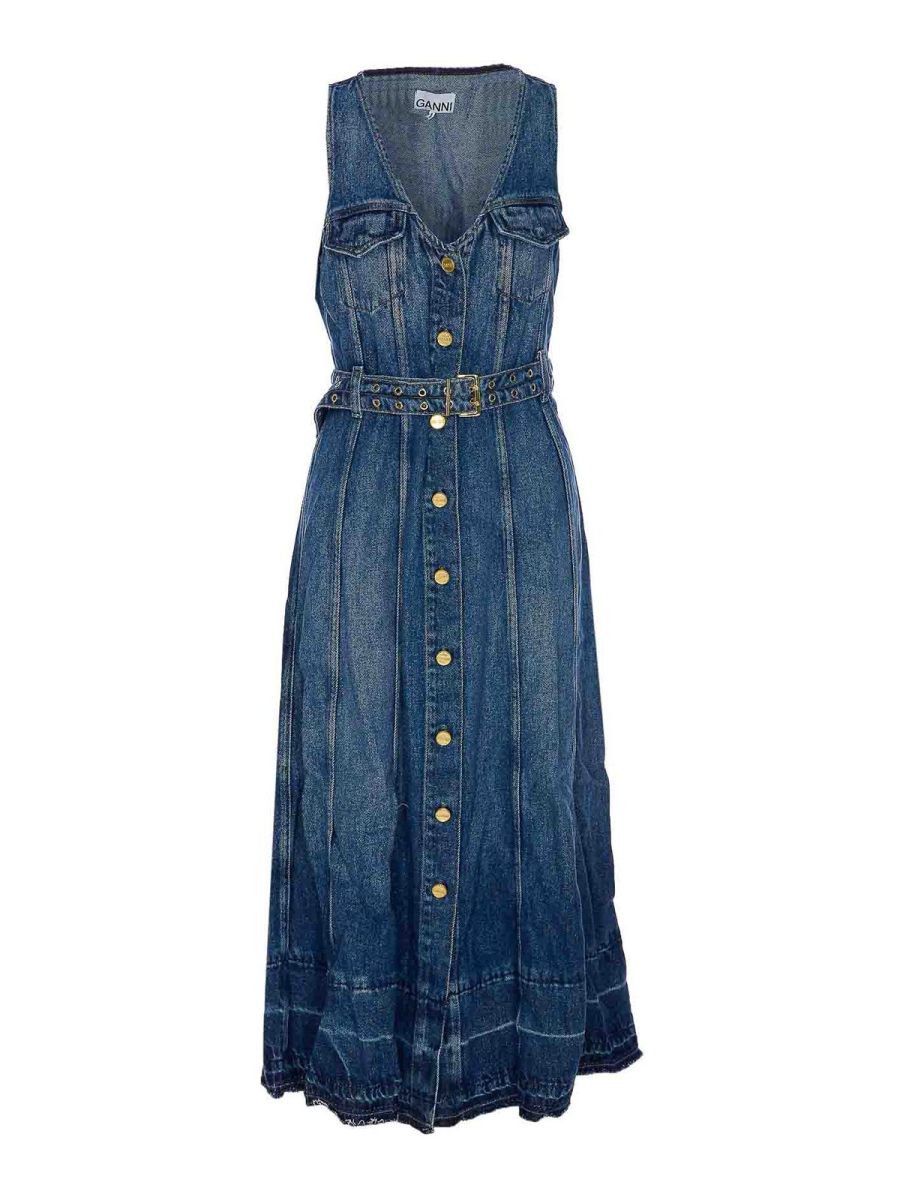 Ganni Robe Au Genou - Bleu