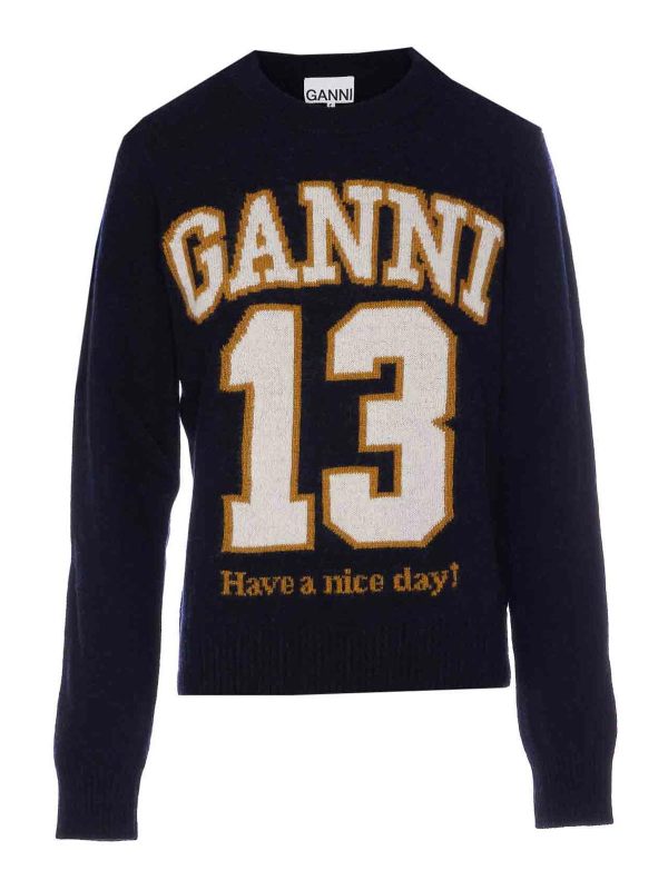 Ganni Pull Col Rond - Bleu