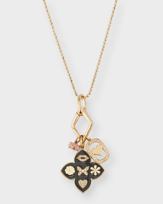 14K Yellow Gold Enamel Icon Moroccan Flower Pendant Necklace with Diamonds